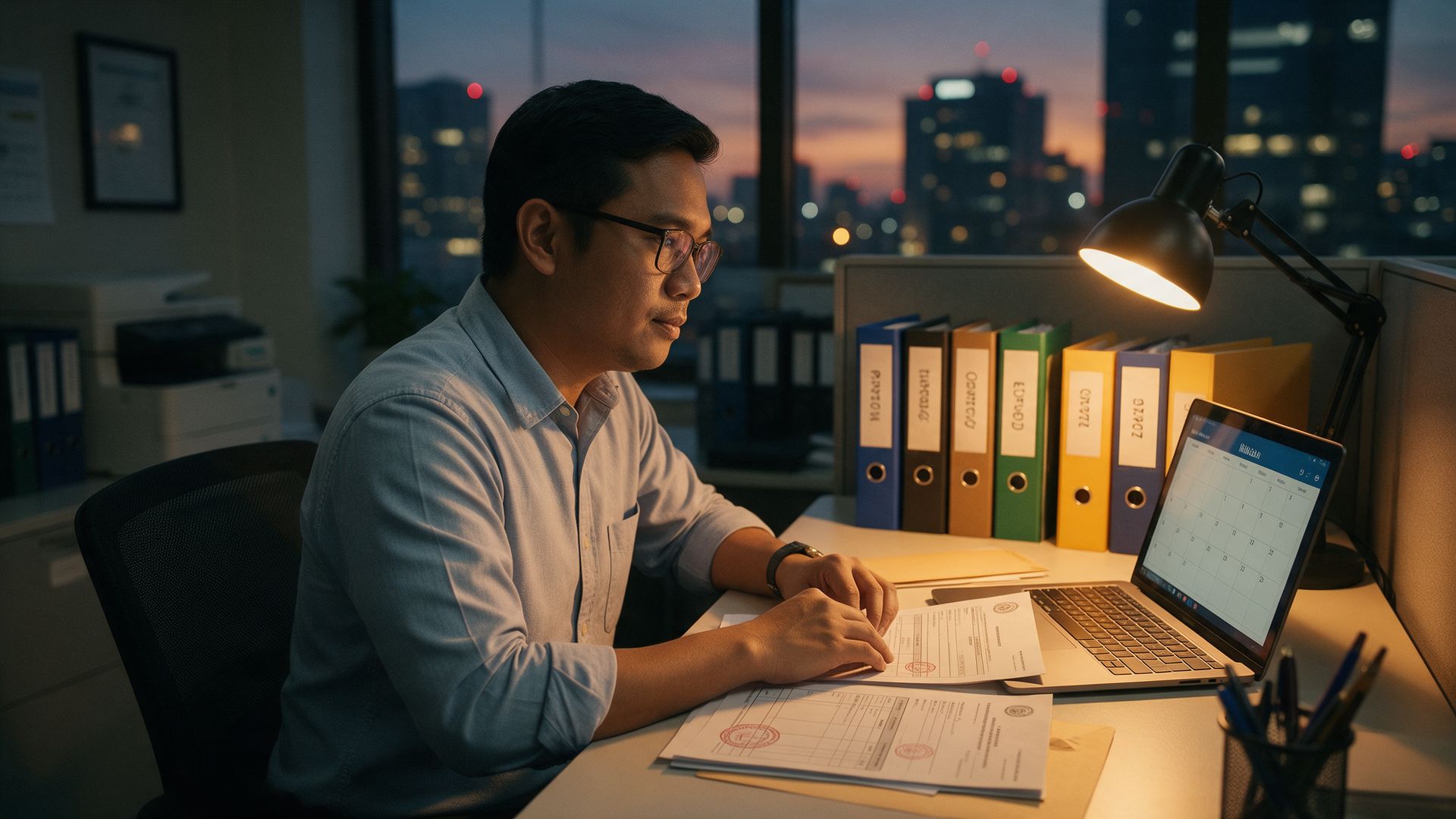 An accountant at his desk at dusk, with labelled binders and government forms