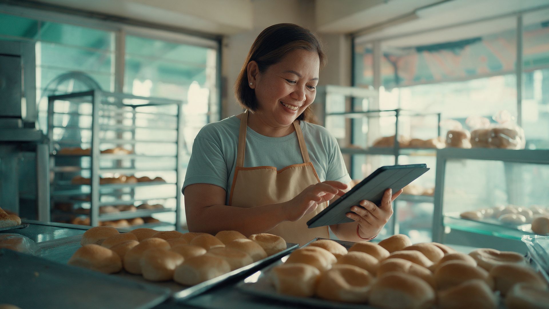 A bakery owner smiling at a tablet behind trays of fresh pandesal