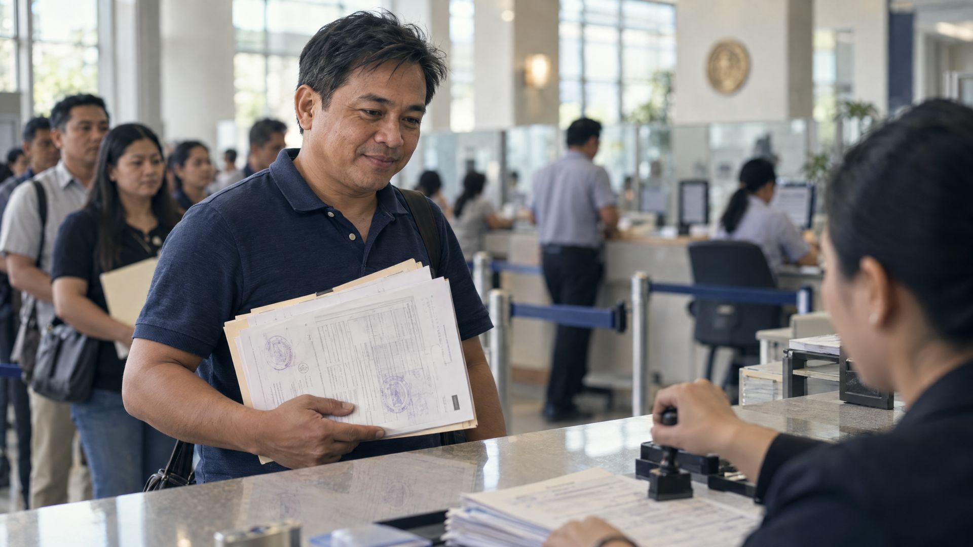 A business owner at a government counter with a folder of permits as a clerk stamps a form