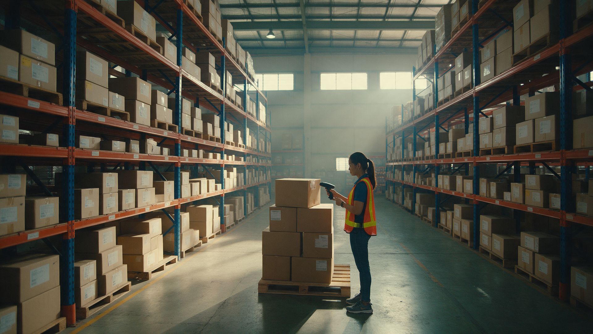 A warehouse supervisor scanning cartons between tall shelves of stock