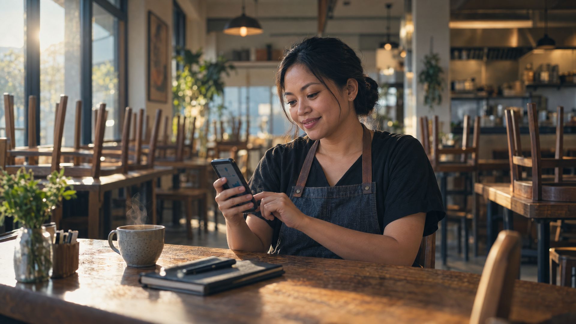 A restaurant owner checking the morning sales summary on her phone before opening