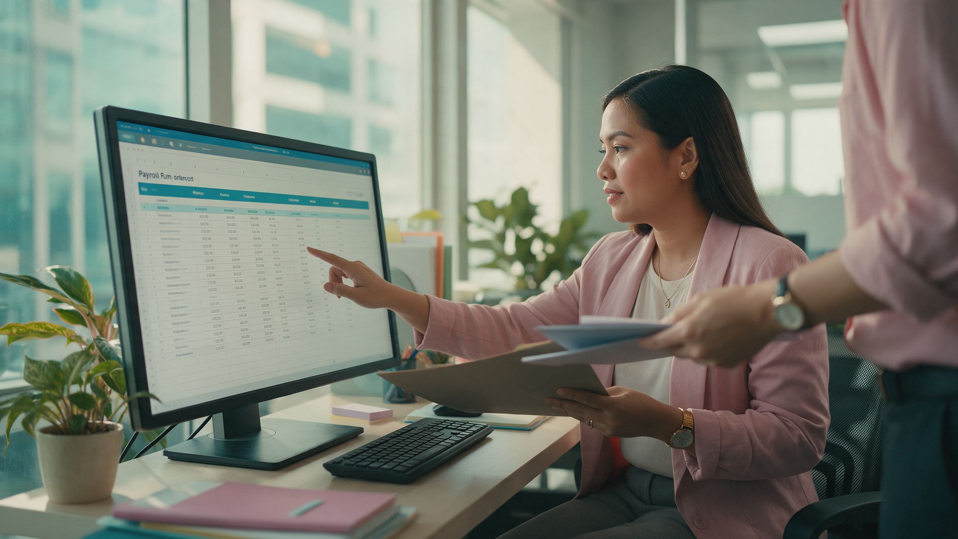 An HR manager reviewing a payroll run on her monitor as a colleague hands her a folder